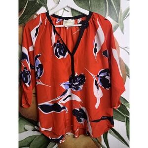 Yumi Kim XS Red Floral Top 100% Silk 3/4 Sleeves Popover Blouse Loose Fitting